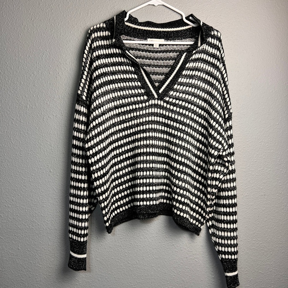 Cato Womens Large Black White‎ Striped Metallic V-Neck Collared Sweater Pullover